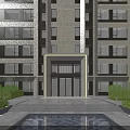 Modern High Rise Building Main Entrance Design With Reflecting Pool And Landscaped Greenery