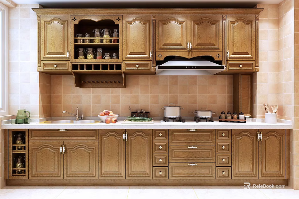Classic Wooden Kitchen Cabinets With Glass Door Storage And Countertop Appliances 3d model 
