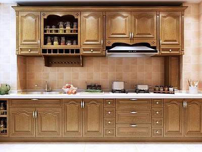 Classic Wooden Kitchen Cabinets With Glass Door Storage And Countertop Appliances 3d model