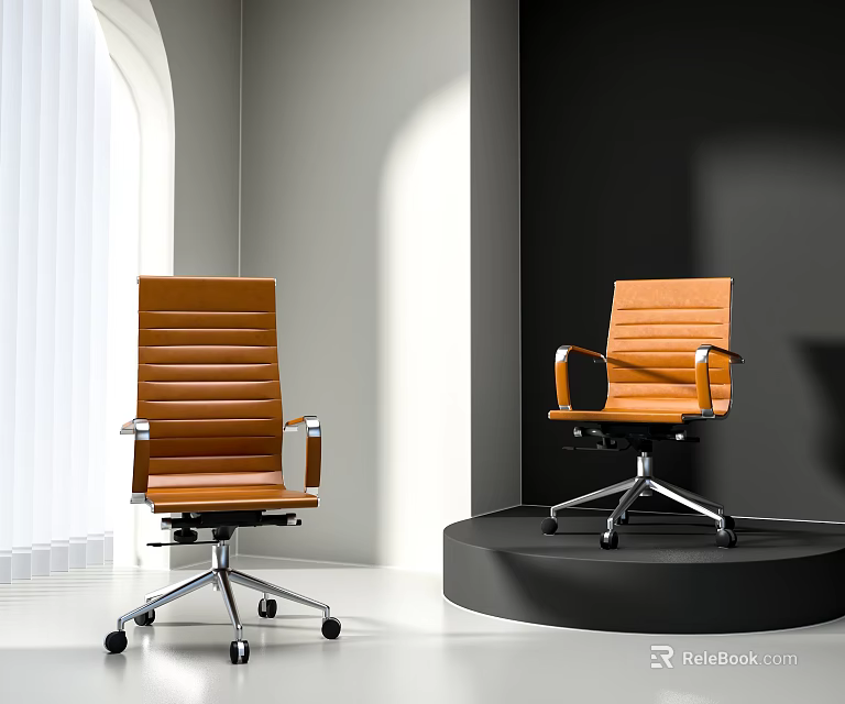 Modern Orange Leather Office Chair With Armrests Metal Swivel Base And Wheels 3d model 