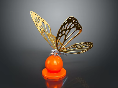 Golden Butterfly Metal Sculpture With Orange Round Base And Intricate Wing Design 3d model
