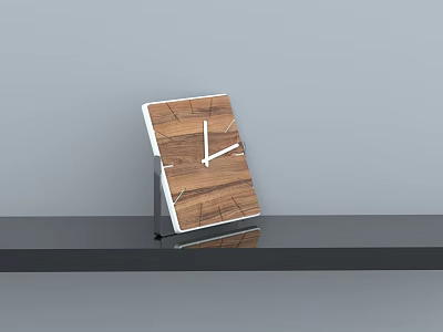 Square Wooden Texture Clock With Metal Stand On Black Shelf And Gray Background 3d model
