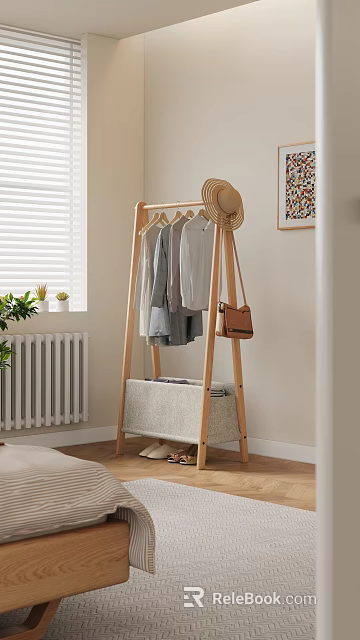 Wooden Storage Cabinet With Hanging Clothes Hat Brown Bag And Storage Basket 3d model 