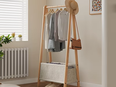 Wooden Storage Cabinet With Hanging Clothes Hat Brown Bag And Storage Basket 3d model
