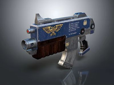 Sci Fi Weapon Featuring Blue Silver Finish Golden Eagle Emblem Brown Grip And Engraved Details 3d model