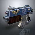 Sci Fi Weapon Featuring Blue Silver Finish Golden Eagle Emblem Brown Grip And Engraved Details