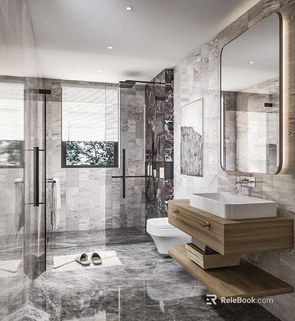 Modern Bathroom Interior With Marble Walls Wooden Vanity Glass Shower And Mirror 3d model 