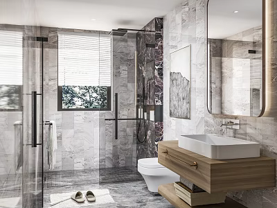 Modern Bathroom Interior With Marble Walls Wooden Vanity Glass Shower And Mirror 3d model