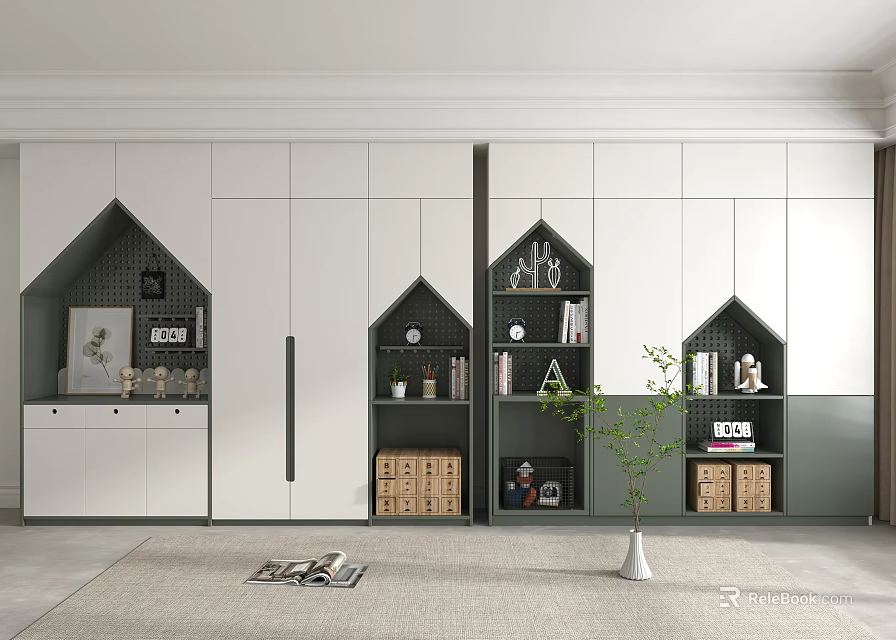Modern Built in Wardrobe Interior Design With White And Green House Shaped Cabinets And Decorations Books 3d model 