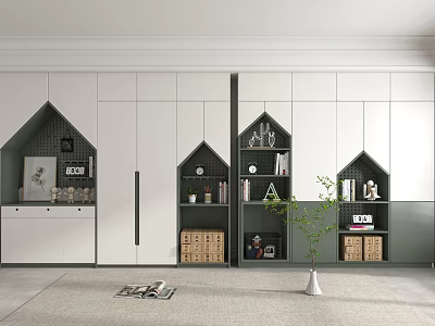 Modern Built in Wardrobe Interior Design With White And Green House Shaped Cabinets And Decorations Books 3d model