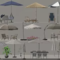 Patio Umbrella Various Styles and Colors with Outdoor Chairs Tables and Plants