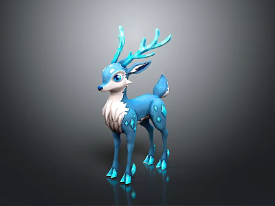 Blue Glowing Deer 3D Model With Antlers Spots And White Belly Standing On Gray Background 3d model
