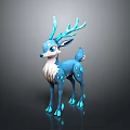 Blue Glowing Deer 3D Model With Antlers Spots And White Belly Standing On Gray Background