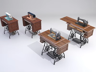 Vintage Industrial Sewing Machines On Wooden Tables With Metal Stands 3d model