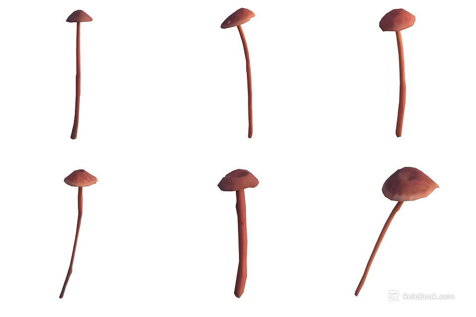Multiple Red Mushrooms With Long Stems And Umbrella Shaped Caps 3d model