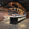 Modern Industrial Restaurant Interior With Open Kitchen Tables Chairs Brick Wall And Hanging Lights