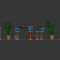 Building Interior Design With Red Carpet Green Table Blue Chairs Railings And Plants