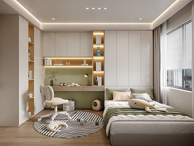 Modern Minimalist Tatami Bedroom Interior With Bed Desk Chair Built in Bookshelves And Striped Rug 3d model