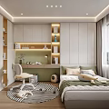 Modern Minimalist Tatami Bedroom Interior With Bed Desk Chair Built in Bookshelves And Striped Rug