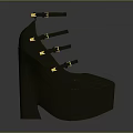 Fashionable Shiny Black Platform Heel Shoes With Multiple Straps And Golden Buckles