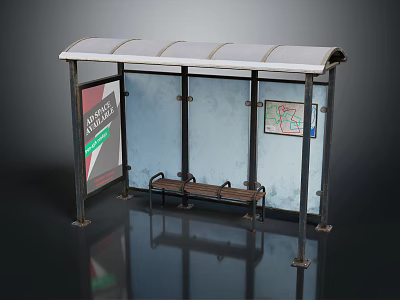 Modern Bus Stop Shelter Design With Metal Frame Wooden Bench And Information Sign 3d model