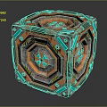 Mechanical Geometric Cube Device With Orange Blue Panels Metallic Bolts And Reflective Surface
