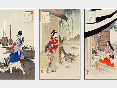 Traditional Japanese Figure Paintings of Kimono Women in Ukiyo e Style with Natural Scenery 3d model