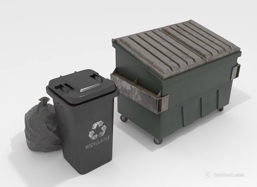 Black Recycling Trash Bin And Green Large Dumpster With Wheels And Trash Bag Beside 3d model 