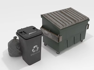 Black Recycling Trash Bin And Green Large Dumpster With Wheels And Trash Bag Beside 3d model