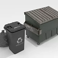 Black Recycling Trash Bin And Green Large Dumpster With Wheels And Trash Bag Beside