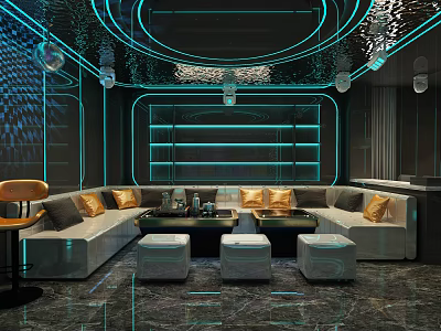 Modern KTV Interior Design With Neon Lighting And Comfortable Sofa Seating Decor 3d model