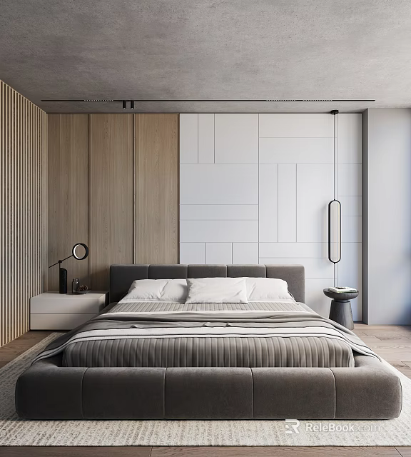 Modern Bedroom Interior With Wooden Panel White Tile Wall Gray Bed And Pendant Light 3d model 