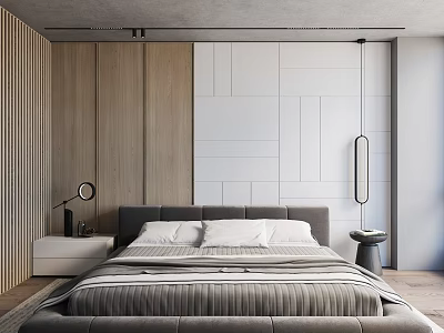Modern Bedroom Interior With Wooden Panel White Tile Wall Gray Bed And Pendant Light 3d model