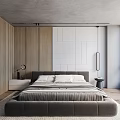 Modern Bedroom Interior With Wooden Panel White Tile Wall Gray Bed And Pendant Light