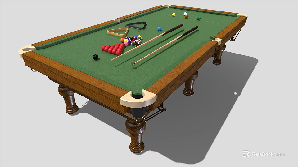 Billiard Table Sports Equipment With Green Cloth Balls Cues And Triangle Rack 3d model 