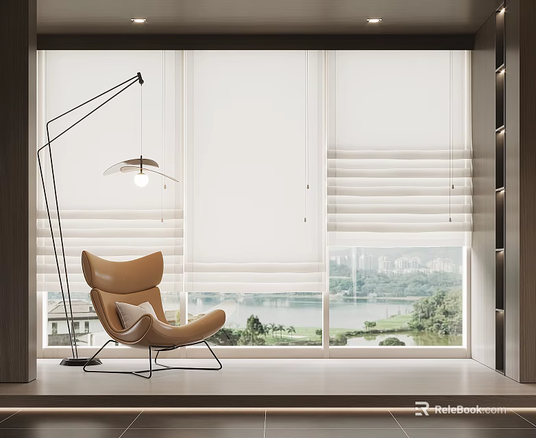 White Roller Blinds for Large Windows with Lake View Cityscape Accent Chair and Floor Lamp 3d model 