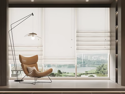 White Roller Blinds for Large Windows with Lake View Cityscape Accent Chair and Floor Lamp 3d model