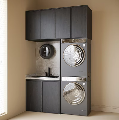 Stacked Washing Machine and Dryer Laundry with Black Cabinets Countertop Sink Faucet Gray Stone Backsplash 3d model