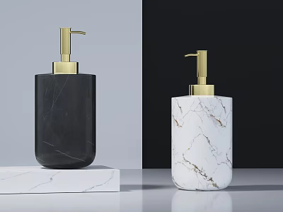 Bathroom Accessories With Black And White Marble Texture And Gold Pump Dispensers 3d model
