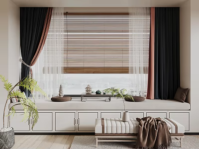 Cozy Bay Window Seat With Decorative Cushions Plants Layered Curtains And White Cabinets 3d model