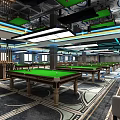 Modern Billiard Room Interior With Green Pool Tables Hanging Lights And Decorative Floors