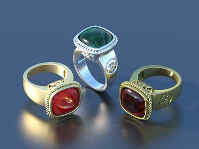 Exquisite Gold and Silver Rings with Red and Green Gemstones and Intricate Borders 3d model