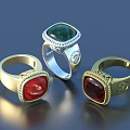 Exquisite Gold and Silver Rings with Red and Green Gemstones and Intricate Borders