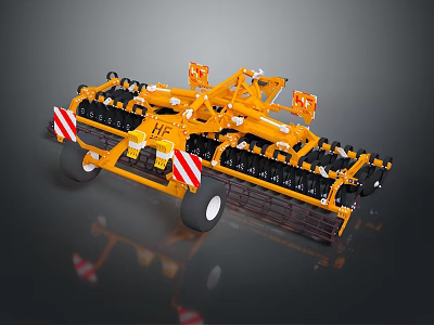 Yellow Agricultural Tillage Equipment With Discs Wheels And Red White Markers 3d model