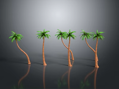 Six Curved Palm Trees With Brown Trunks Green Fronds And Gray Background Reflections 3d model