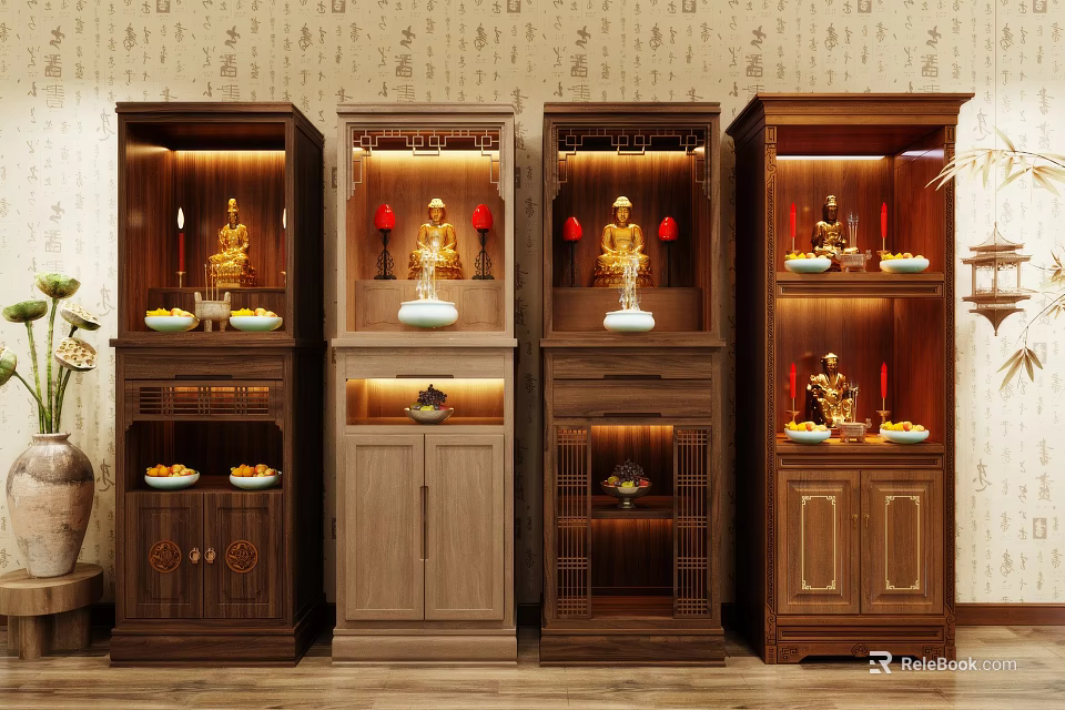 Traditional Chinese Wooden Buddhist Shrine Cabinets With Illuminated Buddha Statues And Offerings 3d model 