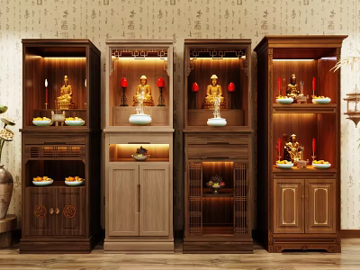 Traditional Chinese Wooden Buddhist Shrine Cabinets With Illuminated Buddha Statues And Offerings 3d model