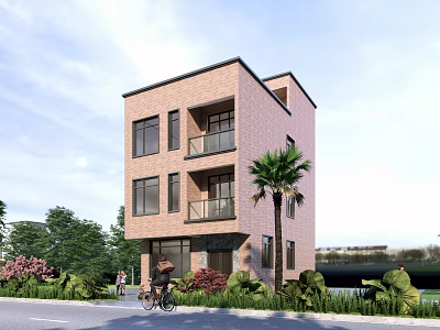 Three Story Brick Red Building With Balconies Surrounded By Green Plants Palm Tree And Road 3d model
