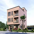 Three Story Brick Red Building With Balconies Surrounded By Green Plants Palm Tree And Road