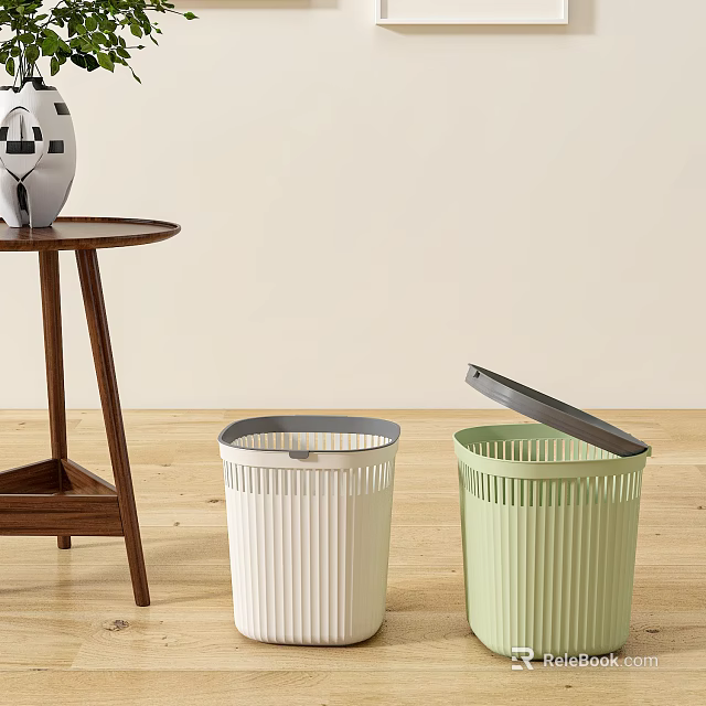 Household Items White And Light Green Ribbed Trash Cans With Lids And Small Wooden Table 3d model 